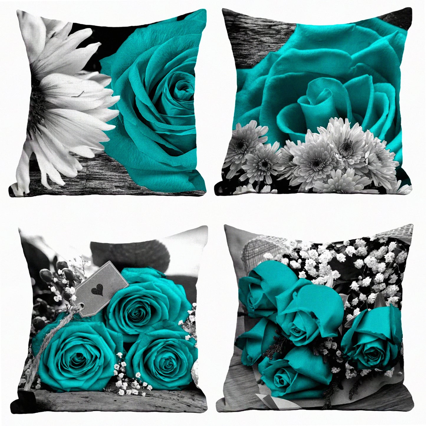 Floral Farmhouse Teal Pillow Covers - Set of 4 18x18 Decorative Throw Pillow Cases in Light Teal, Rose, Black, and Gray for Couch or Bed - Spring Summer Home Decor