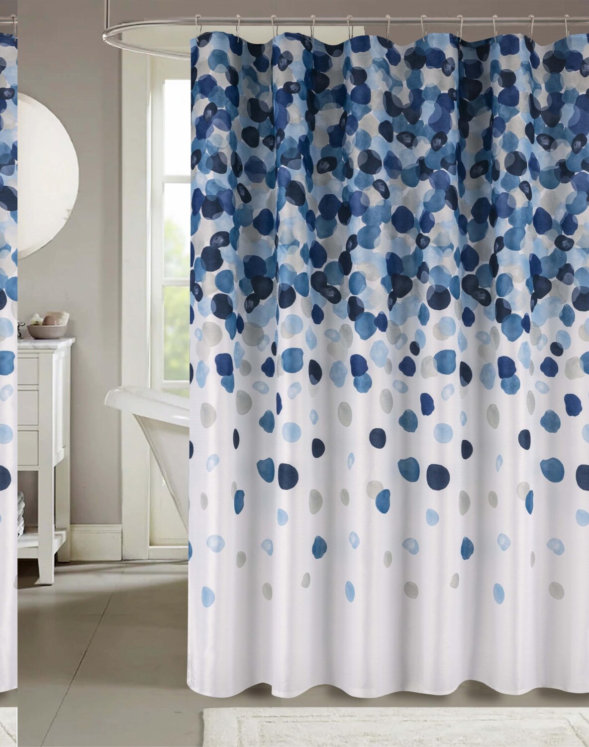 Navy Blue Fabric Shower Curtain with Watercolor Pattern