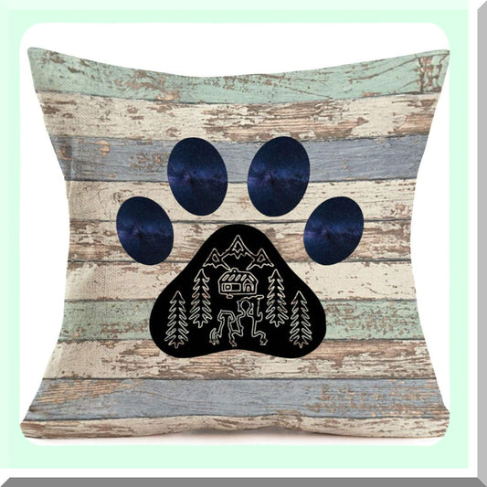 Rustic Paw Print Pillowcase Set - Decorative Cotton Linen Throw Pillow Covers for Home Sofa Decor - 18 x 18 Inch Wood Grain Dog Paw Design