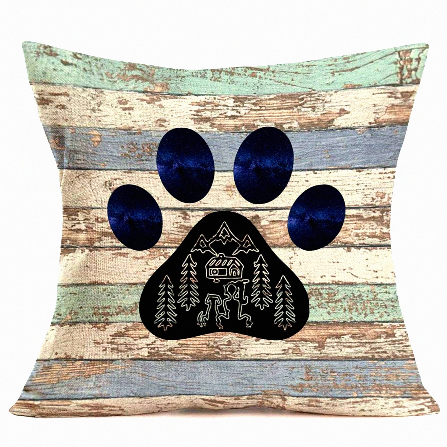 Rustic Paw Print Pillowcase Set - Decorative Cotton Linen Throw Pillow Covers for Home Sofa Decor - 18 x 18 Inch Wood Grain Dog Paw Design