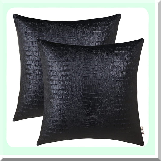 Luxury Croc Leather Pillow Covers - Set of 2, 18x18 Inches, Black Decorative Throw Pillows for Living Room, Couch, Bed, Sofa - Home Decor Accent