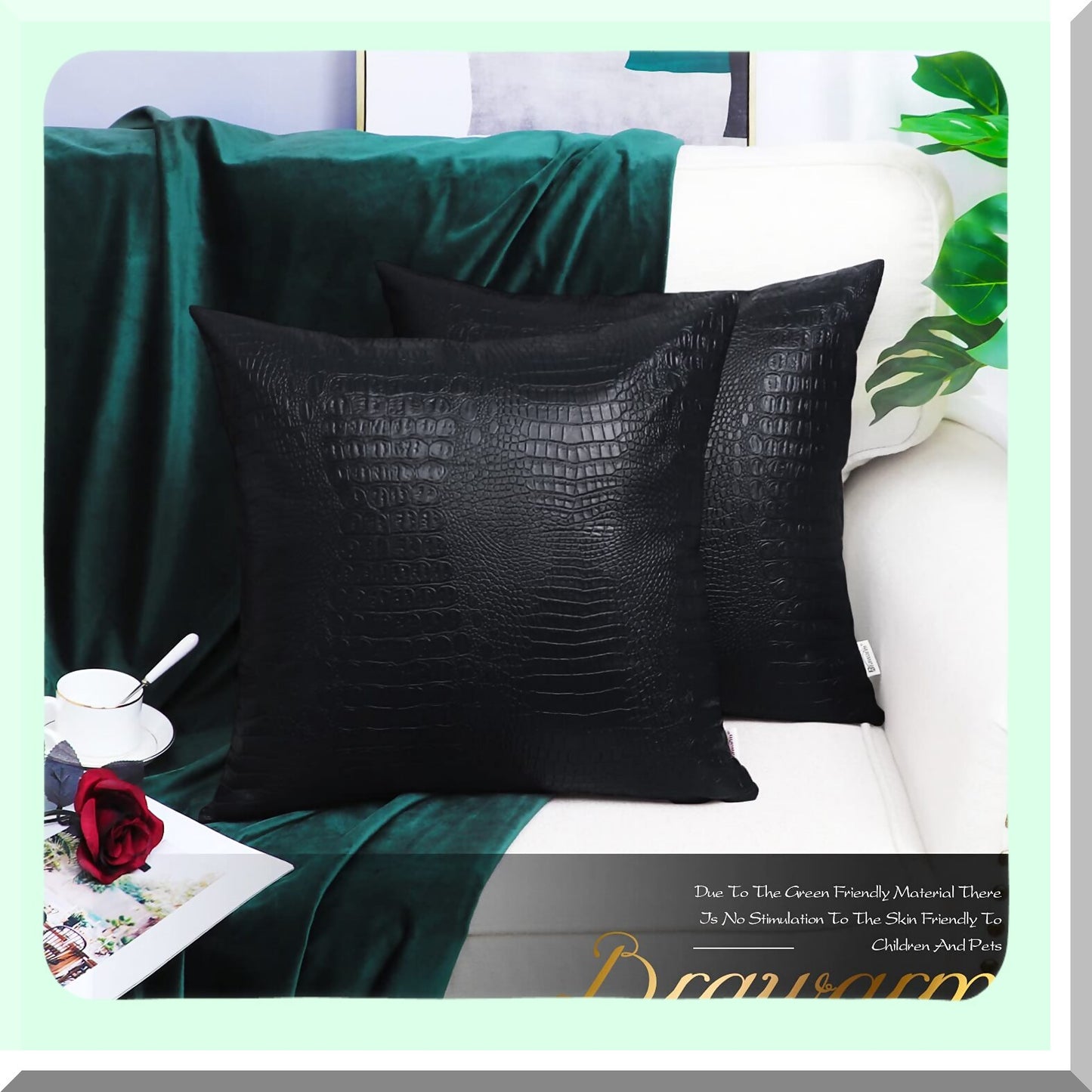 Luxury Croc Leather Pillow Covers - Set of 2, 18x18 Inches, Black Decorative Throw Pillows for Living Room, Couch, Bed, Sofa - Home Decor Accent