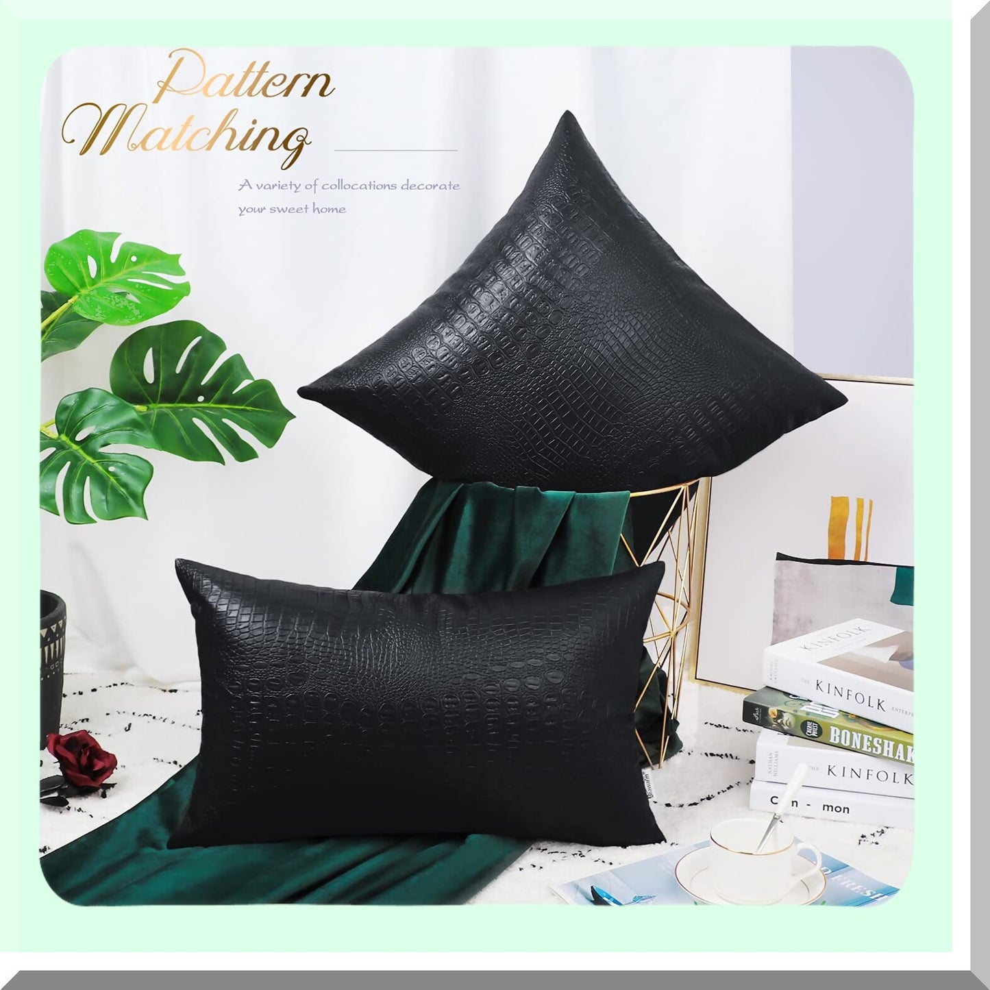 Luxury Croc Leather Pillow Covers - Set of 2, 18x18 Inches, Black Decorative Throw Pillows for Living Room, Couch, Bed, Sofa - Home Decor Accent