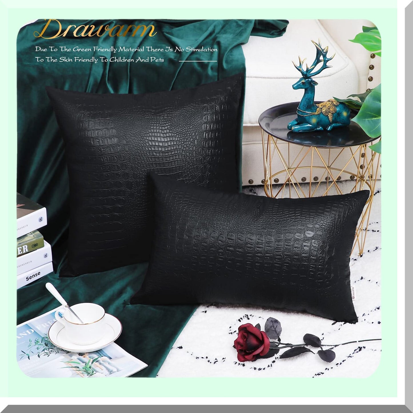 Luxury Croc Leather Pillow Covers - Set of 2, 18x18 Inches, Black Decorative Throw Pillows for Living Room, Couch, Bed, Sofa - Home Decor Accent