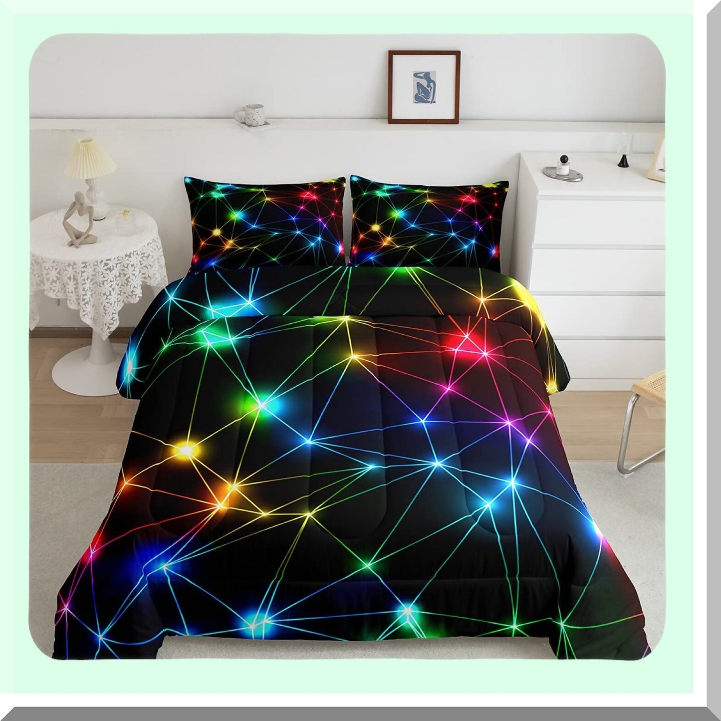 Rainbow Glow Queen Comforter Set - Colorful Neon Lights Bedding for Adults - Geometric Modern Decorative Bed Set - Super Soft Microfiber - 3 Piece Set