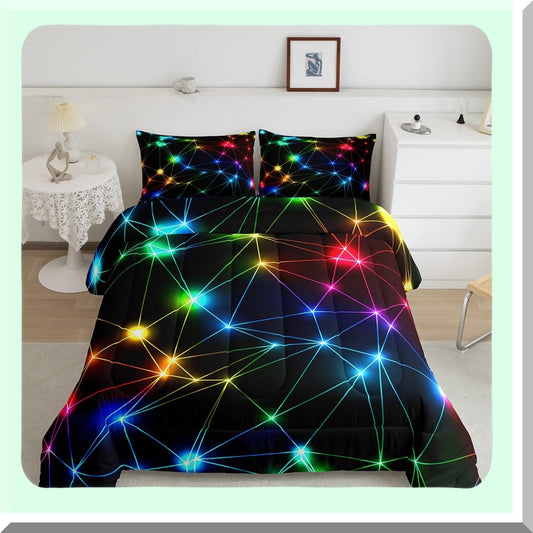Rainbow Glow Queen Comforter Set - Colorful Neon Lights Bedding for Adults - Geometric Modern Decorative Bed Set - Super Soft Microfiber - 3 Piece Set