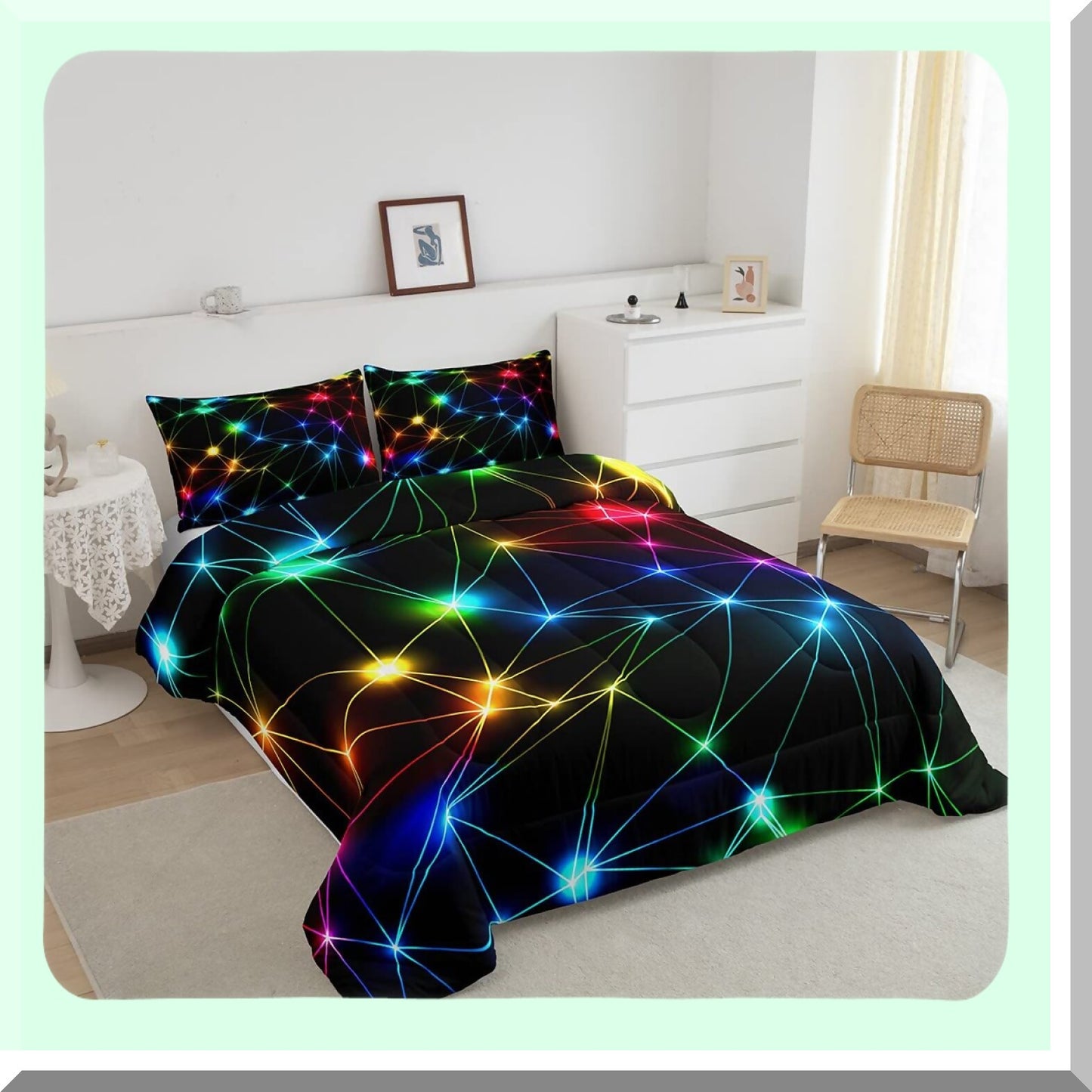 Rainbow Glow Queen Comforter Set - Colorful Neon Lights Bedding for Adults - Geometric Modern Decorative Bed Set - Super Soft Microfiber - 3 Piece Set