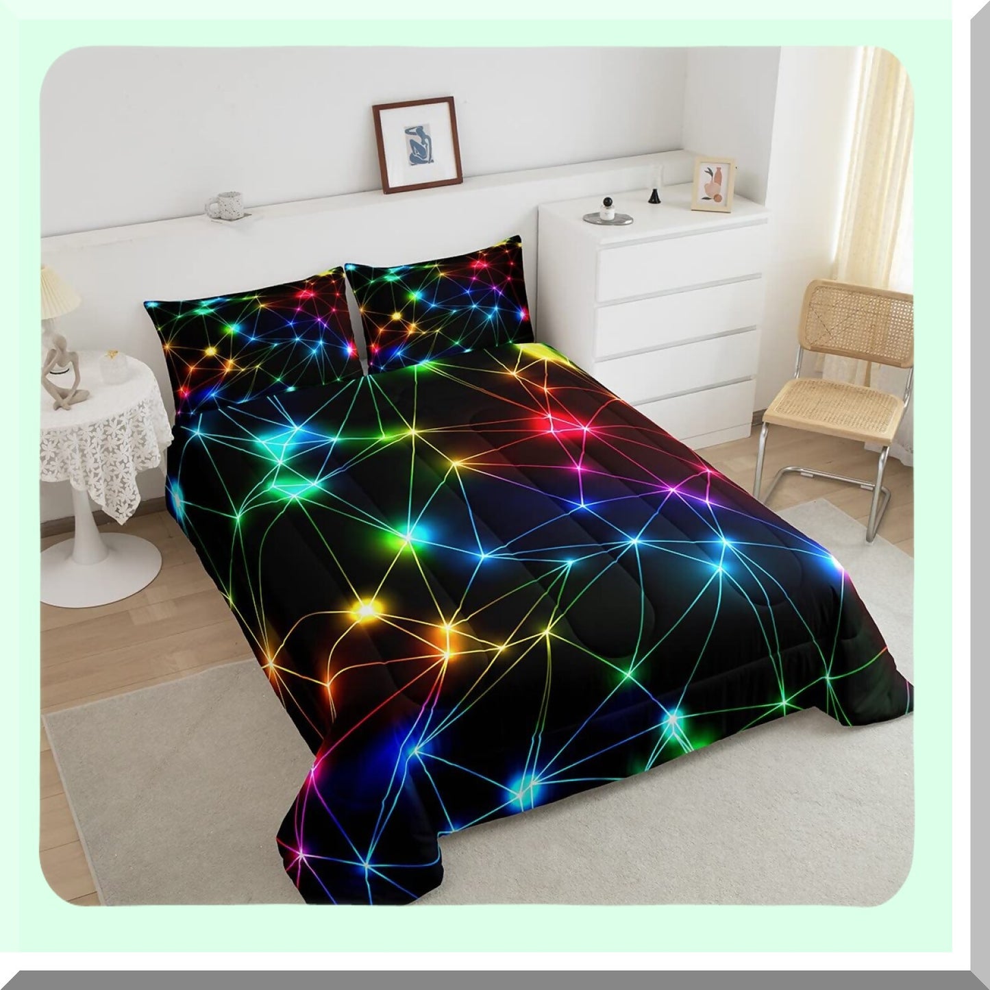 Rainbow Glow Queen Comforter Set - Colorful Neon Lights Bedding for Adults - Geometric Modern Decorative Bed Set - Super Soft Microfiber - 3 Piece Set