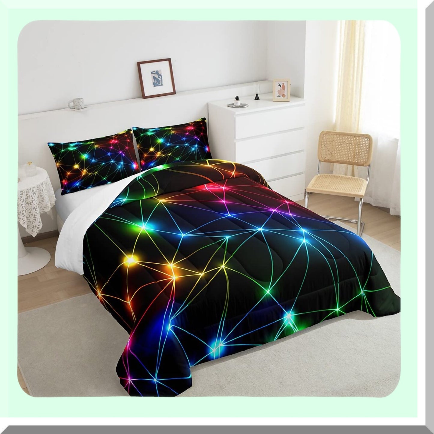 Rainbow Glow Queen Comforter Set - Colorful Neon Lights Bedding for Adults - Geometric Modern Decorative Bed Set - Super Soft Microfiber - 3 Piece Set