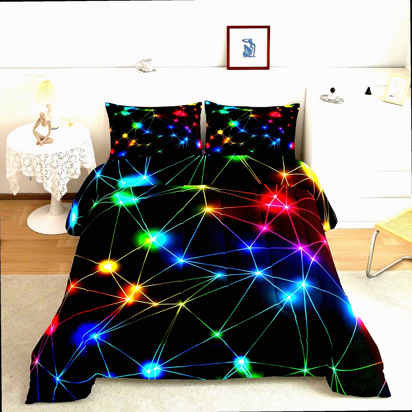 Rainbow Glow Queen Comforter Set - Colorful Neon Lights Bedding for Adults - Geometric Modern Decorative Bed Set - Super Soft Microfiber - 3 Piece Set