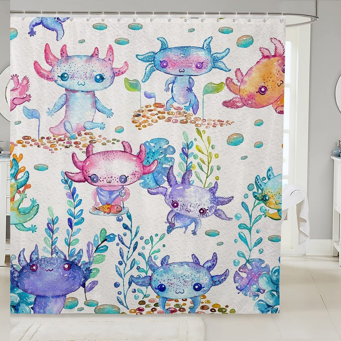 Cartoon Axolotl Kids Shower Curtain 72x72 Purple