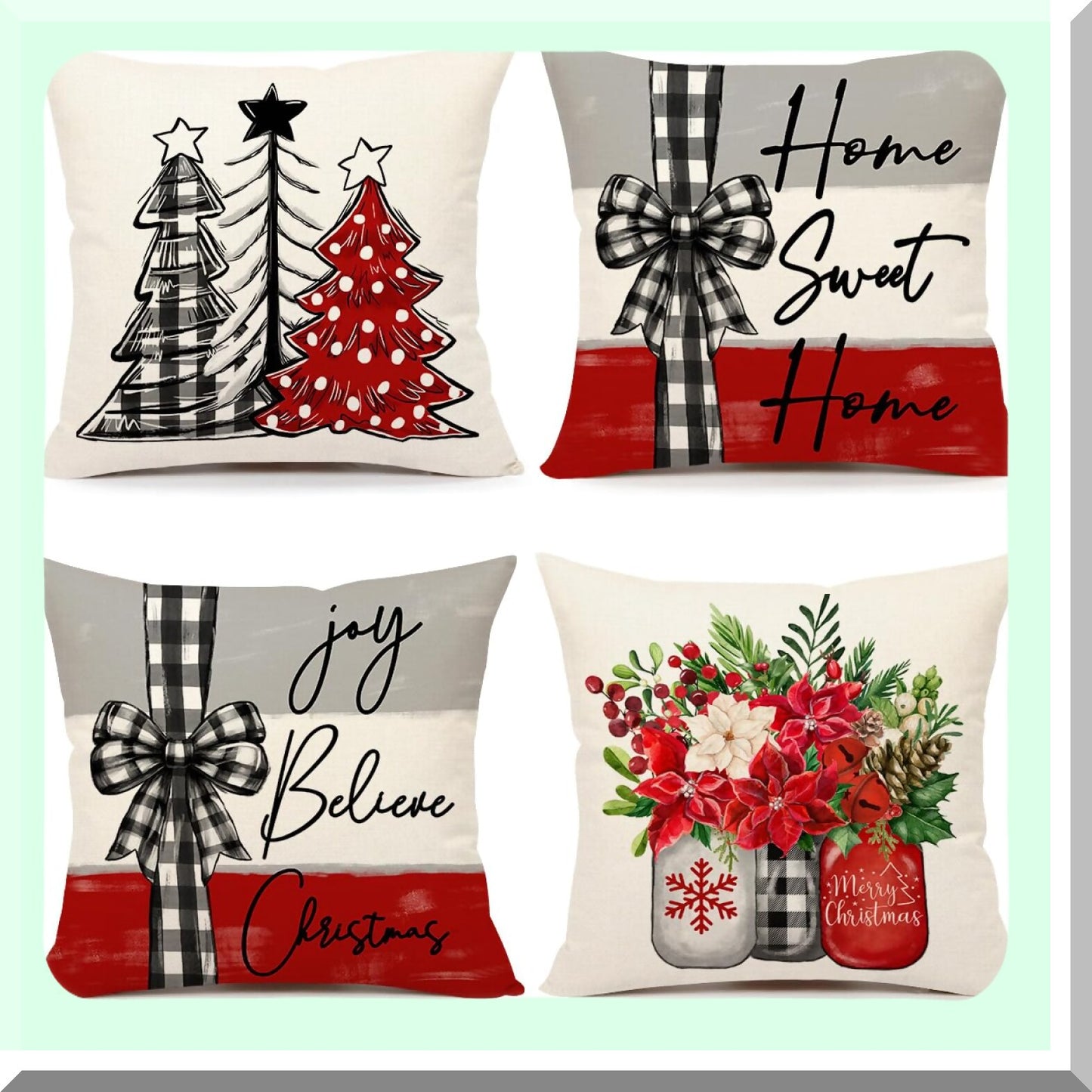 Winter Farmhouse Holiday Pillow Covers Set - Farm Trees Floral Jar Decor - 18x18 Throw Cushion Case - Xmas Decorations for Home Couch - S23C22