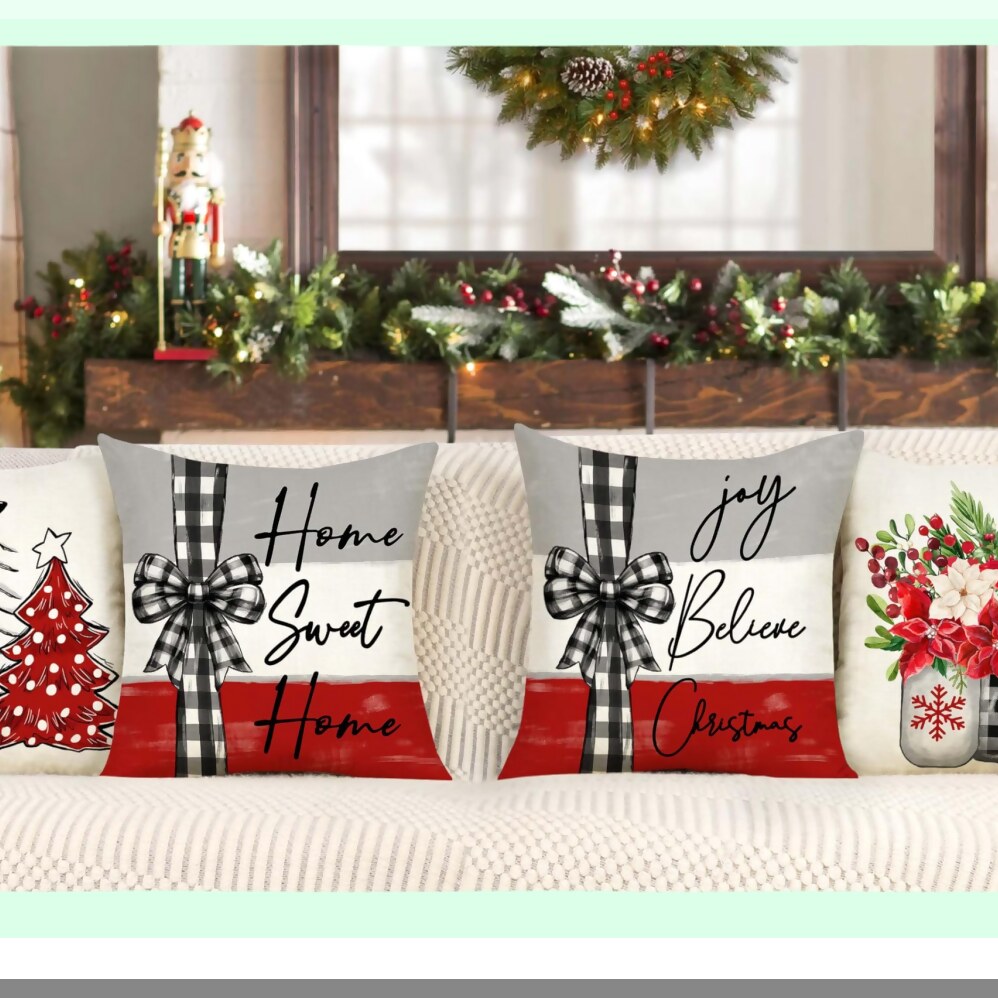 Winter Farmhouse Holiday Pillow Covers Set - Farm Trees Floral Jar Decor - 18x18 Throw Cushion Case - Xmas Decorations for Home Couch - S23C22