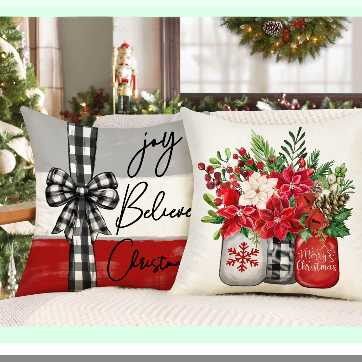 Winter Farmhouse Holiday Pillow Covers Set - Farm Trees Floral Jar Decor - 18x18 Throw Cushion Case - Xmas Decorations for Home Couch - S23C22