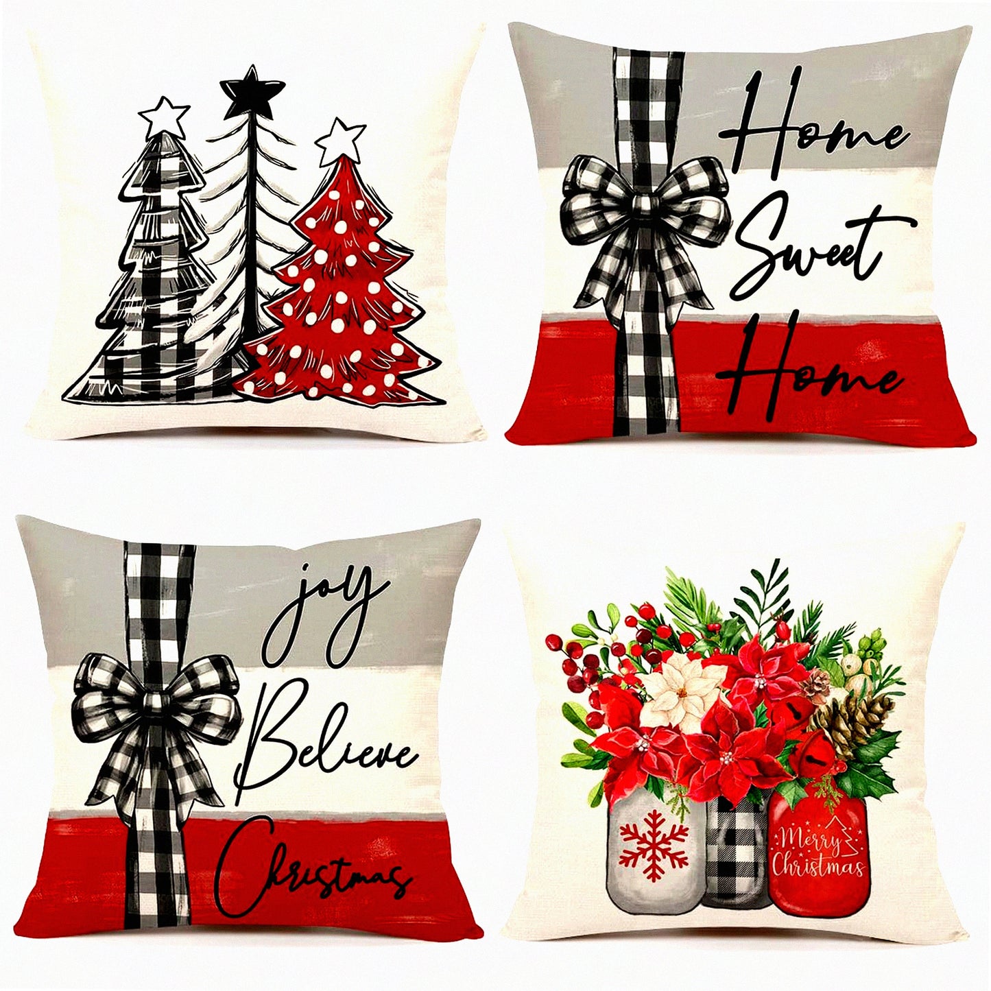 Winter Farmhouse Holiday Pillow Covers Set - Farm Trees Floral Jar Decor - 18x18 Throw Cushion Case - Xmas Decorations for Home Couch - S23C22