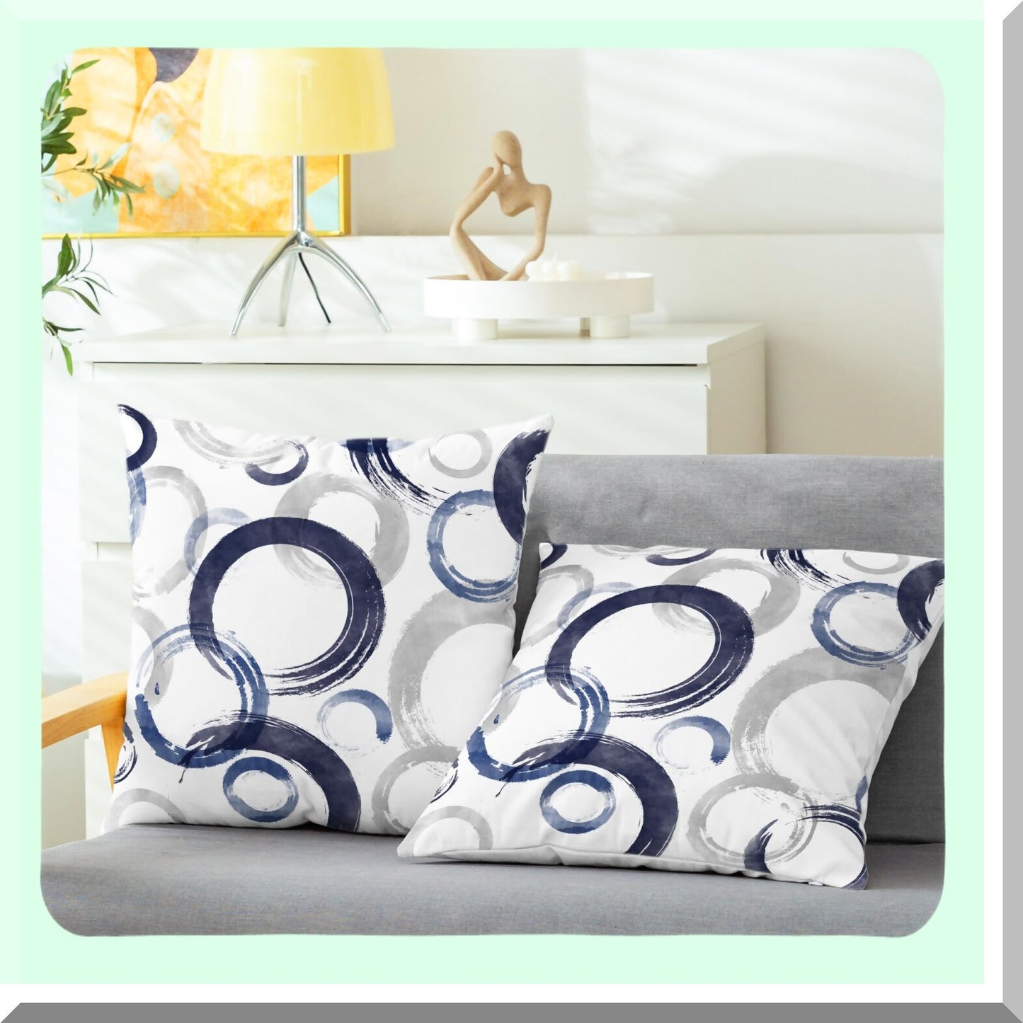 Cozy Fleece Geometric Rings Pillow Cases - Set of 2 Decorative Cushion Covers for Couch & Bed - Farmhouse Decor - 18x18 Inches Navy Blue Grey