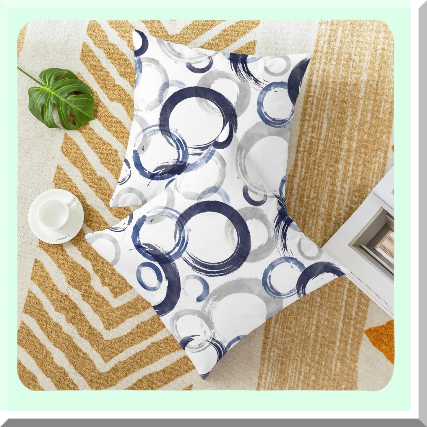 Cozy Fleece Geometric Rings Pillow Cases - Set of 2 Decorative Cushion Covers for Couch & Bed - Farmhouse Decor - 18x18 Inches Navy Blue Grey