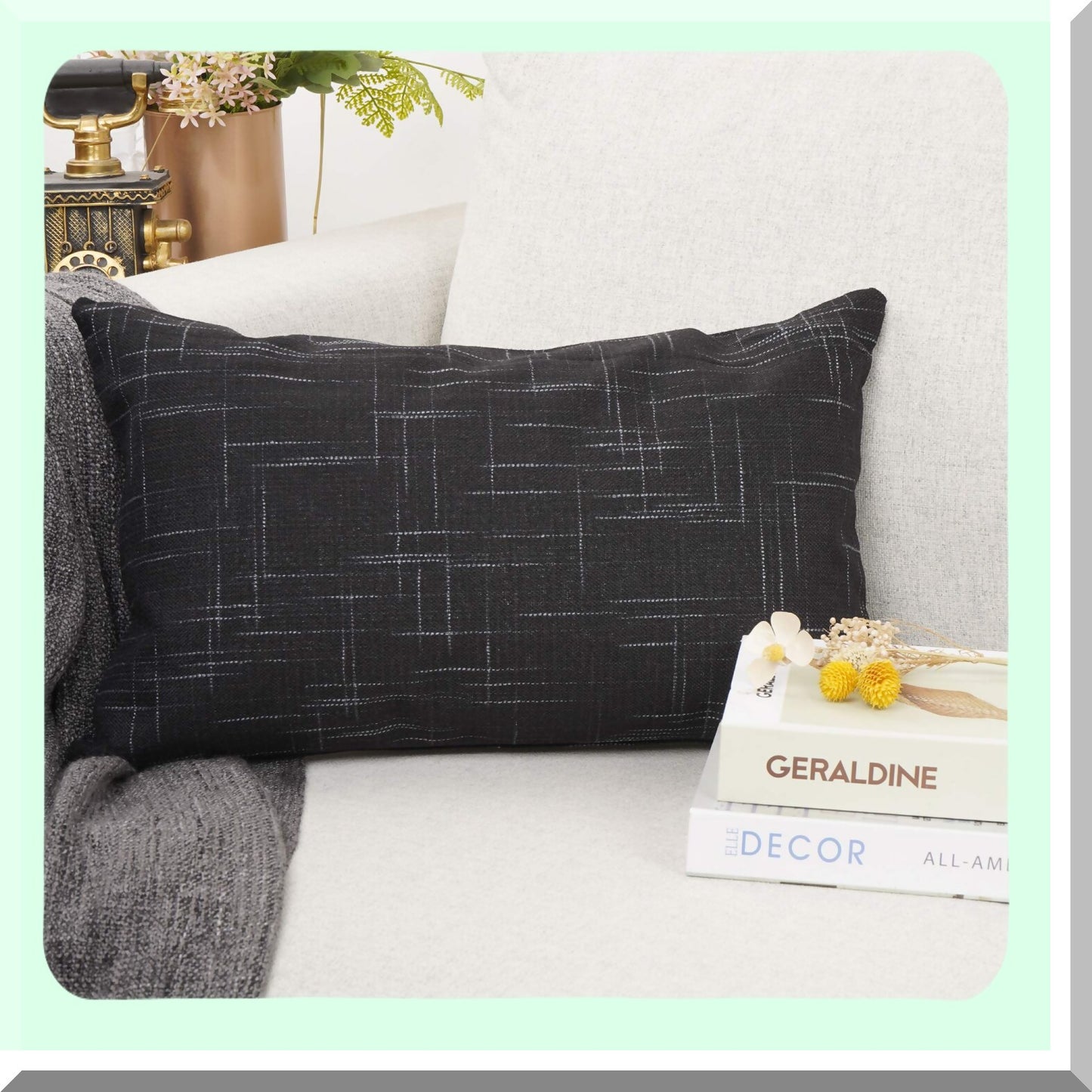 Black Cotton Linen Lumbar Pillowcase - 12x20 Inch Decorative Throw Pillow Cover for Couch Sofa Bed - Solid Color Oblong Rectangle Cushion Case