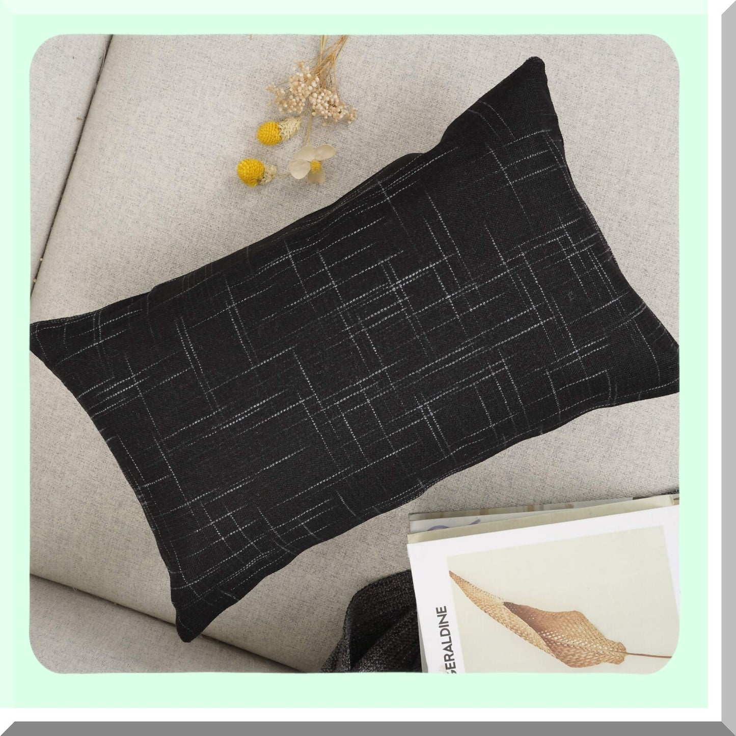 Black Cotton Linen Lumbar Pillowcase - 12x20 Inch Decorative Throw Pillow Cover for Couch Sofa Bed - Solid Color Oblong Rectangle Cushion Case