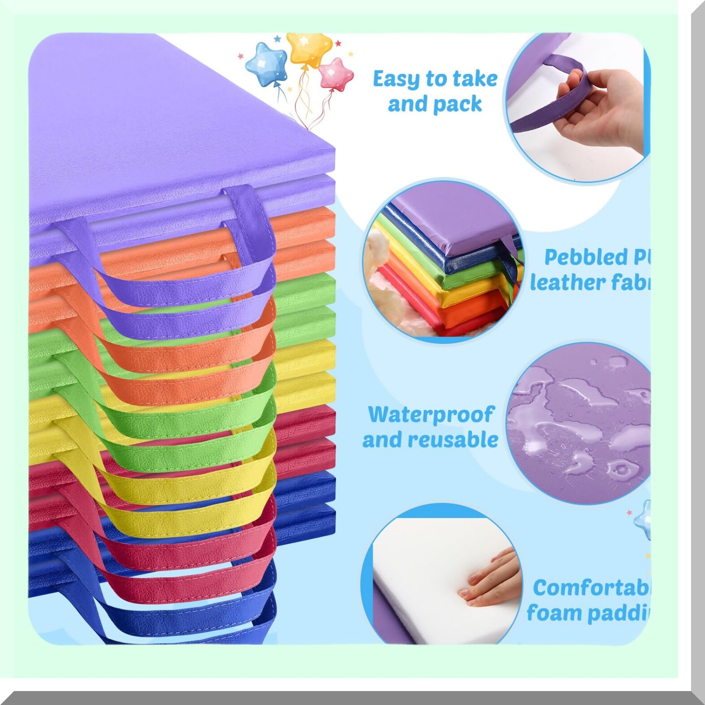 FlexiSquare Floor Cushions - Set of 12 | Classroom Seating for Kids & Toddlers | Portable Cushions with Handles | Preschool Furniture & Daycare Essentials