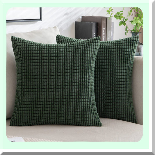 Dark Green Corduroy Pillow Covers - Set of 2 | 18x18 Inch Super Soft Decorative Throw Pillows for Couch, Sofa, Bedroom, Living Room | Spring Home Decor Cushion