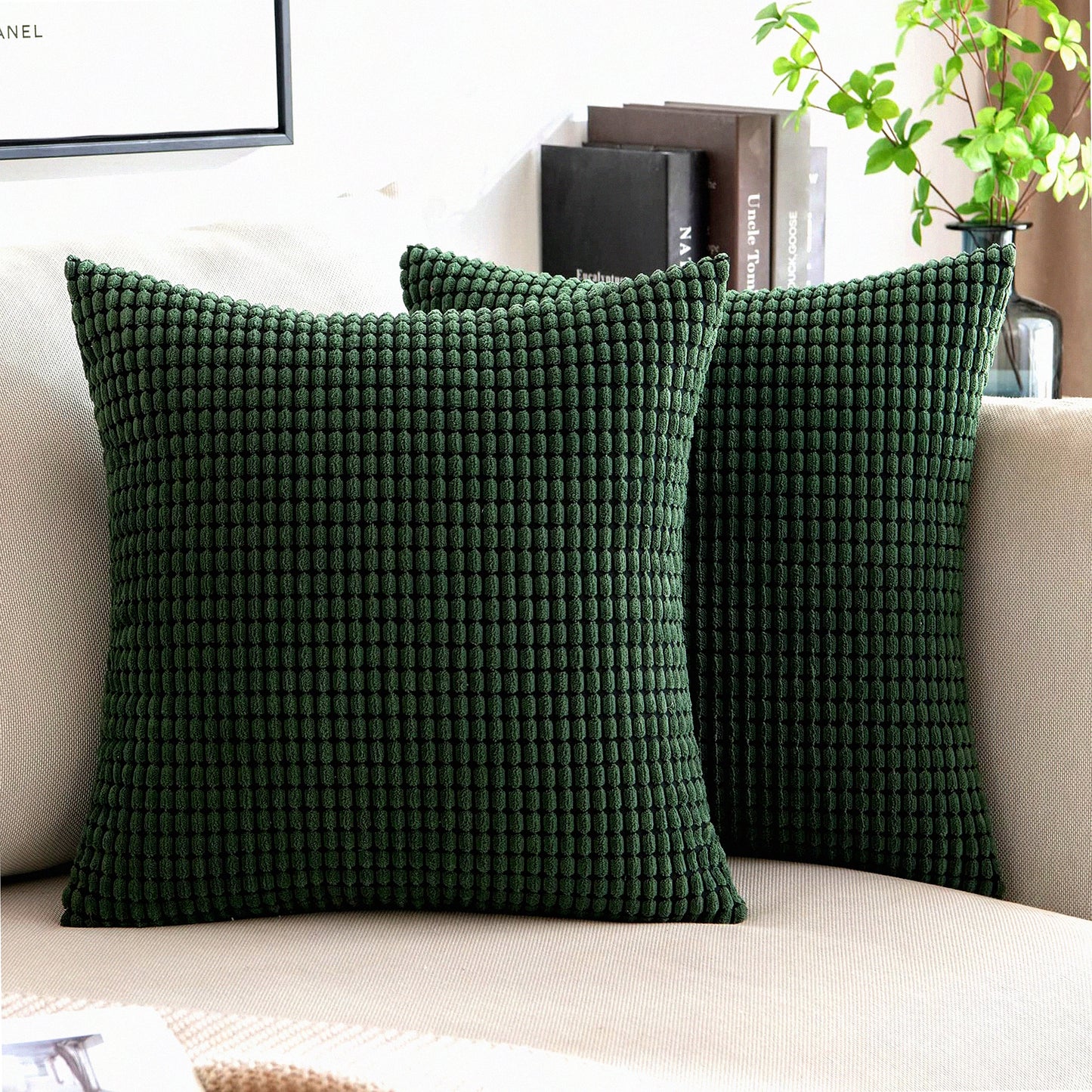 Dark Green Corduroy Pillow Covers - Set of 2 | 18x18 Inch Super Soft Decorative Throw Pillows for Couch, Sofa, Bedroom, Living Room | Spring Home Decor Cushion