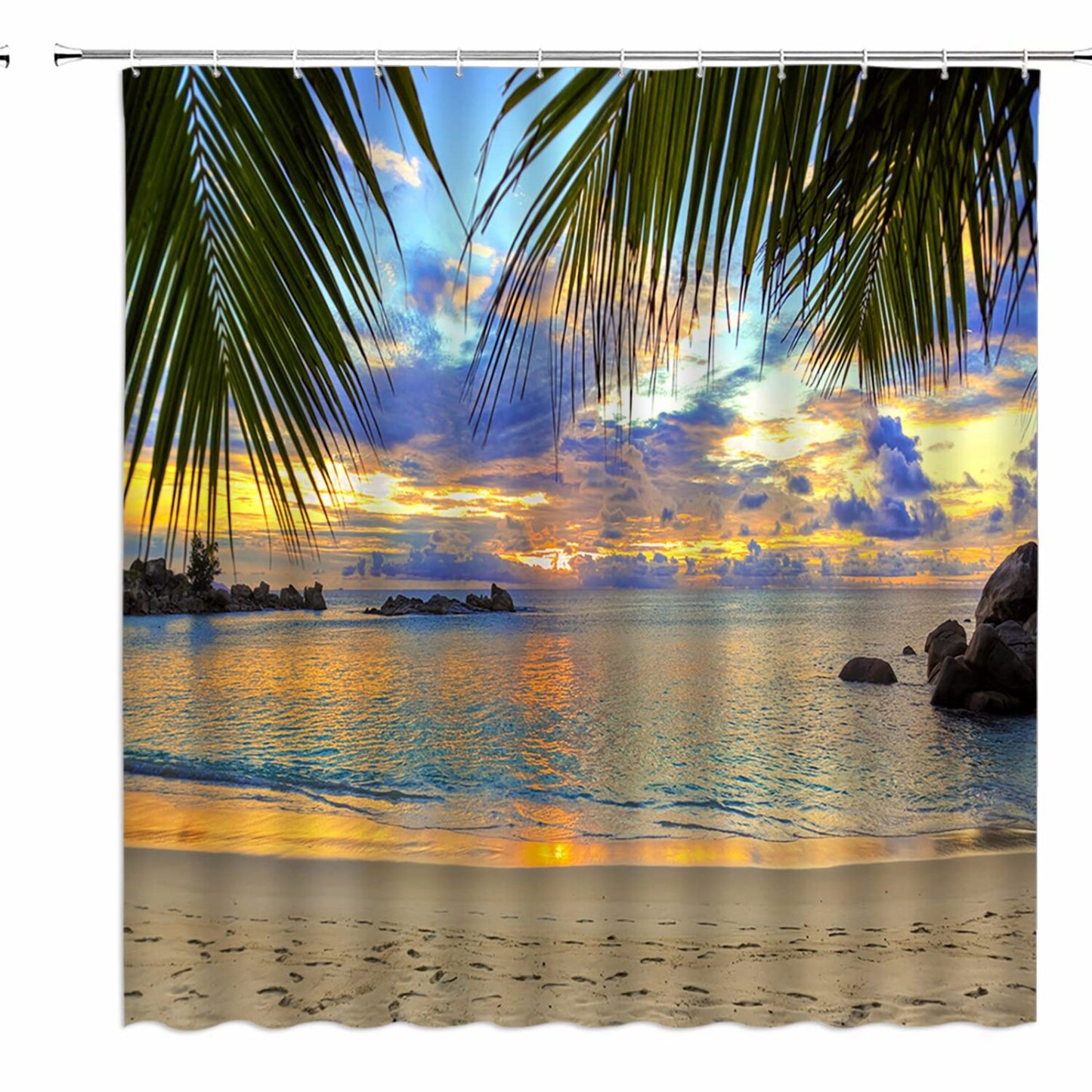 Sunset Beach Shower Curtain 70x70 Inch Purple Green Yellow