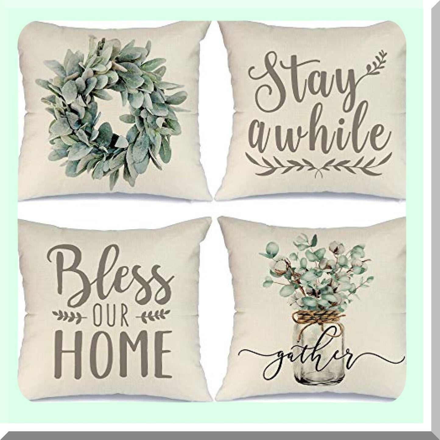 Rustic Farmhouse Blessings Pillow Set - 16x16 Inch Decorative Covers with Lamb's Ear, Grapevine Wreath, and Eucalyptus Vase Design for Couch or Sofa Décor - Farmhouse Home Decorations