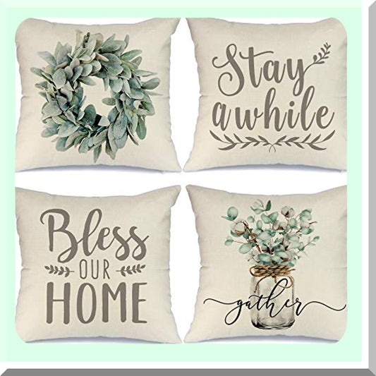 Rustic Farmhouse Blessings Pillow Set - 16x16 Inch Decorative Covers with Lamb's Ear, Grapevine Wreath, and Eucalyptus Vase Design for Couch or Sofa Décor - Farmhouse Home Decorations