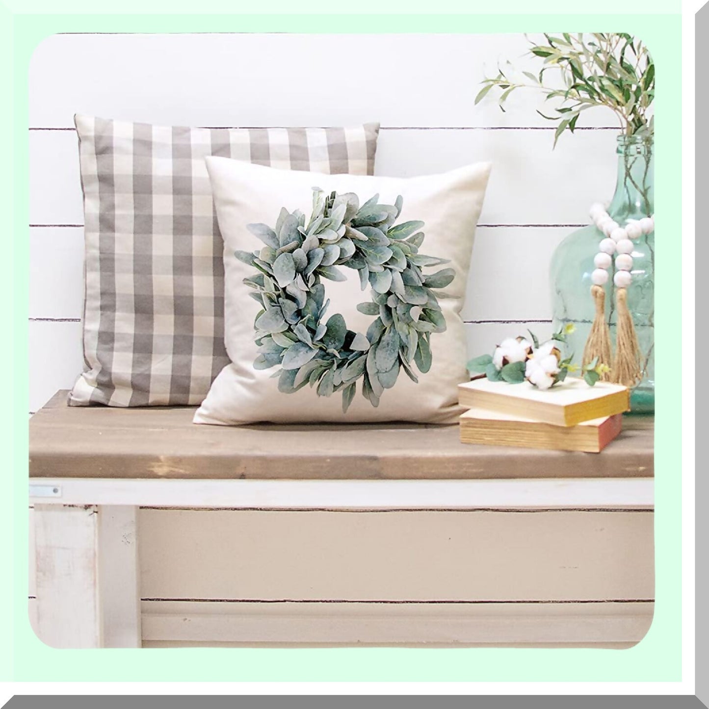 Rustic Farmhouse Blessings Pillow Set - 16x16 Inch Decorative Covers with Lamb's Ear, Grapevine Wreath, and Eucalyptus Vase Design for Couch or Sofa Décor - Farmhouse Home Decorations