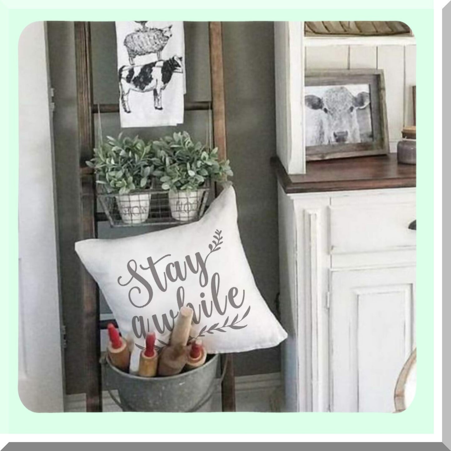 Rustic Farmhouse Blessings Pillow Set - 16x16 Inch Decorative Covers with Lamb's Ear, Grapevine Wreath, and Eucalyptus Vase Design for Couch or Sofa Décor - Farmhouse Home Decorations