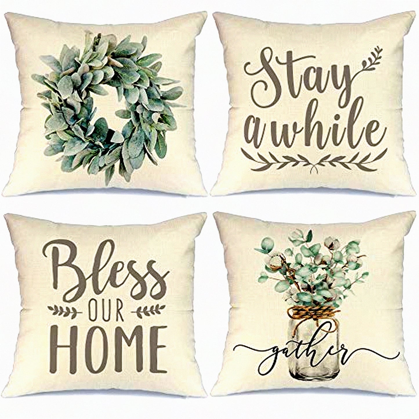 Rustic Farmhouse Blessings Pillow Set - 16x16 Inch Decorative Covers with Lamb's Ear, Grapevine Wreath, and Eucalyptus Vase Design for Couch or Sofa Décor - Farmhouse Home Decorations