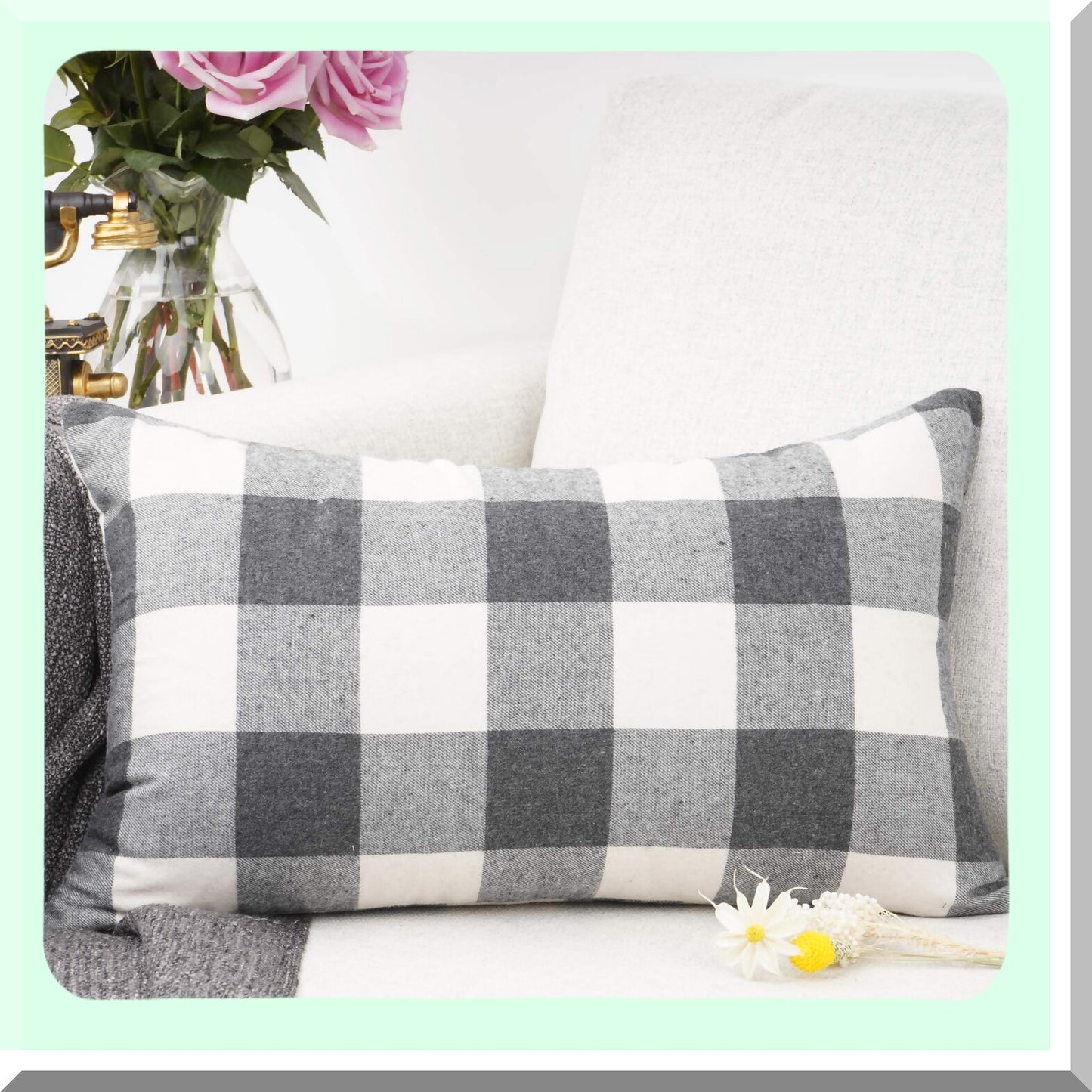 Retro Buffalo Plaid Farmhouse Linen Cushion Cover - Grey/White Checkers Tartan Decorative Throw Pillow Case for Sofa 12 x 20 Inch