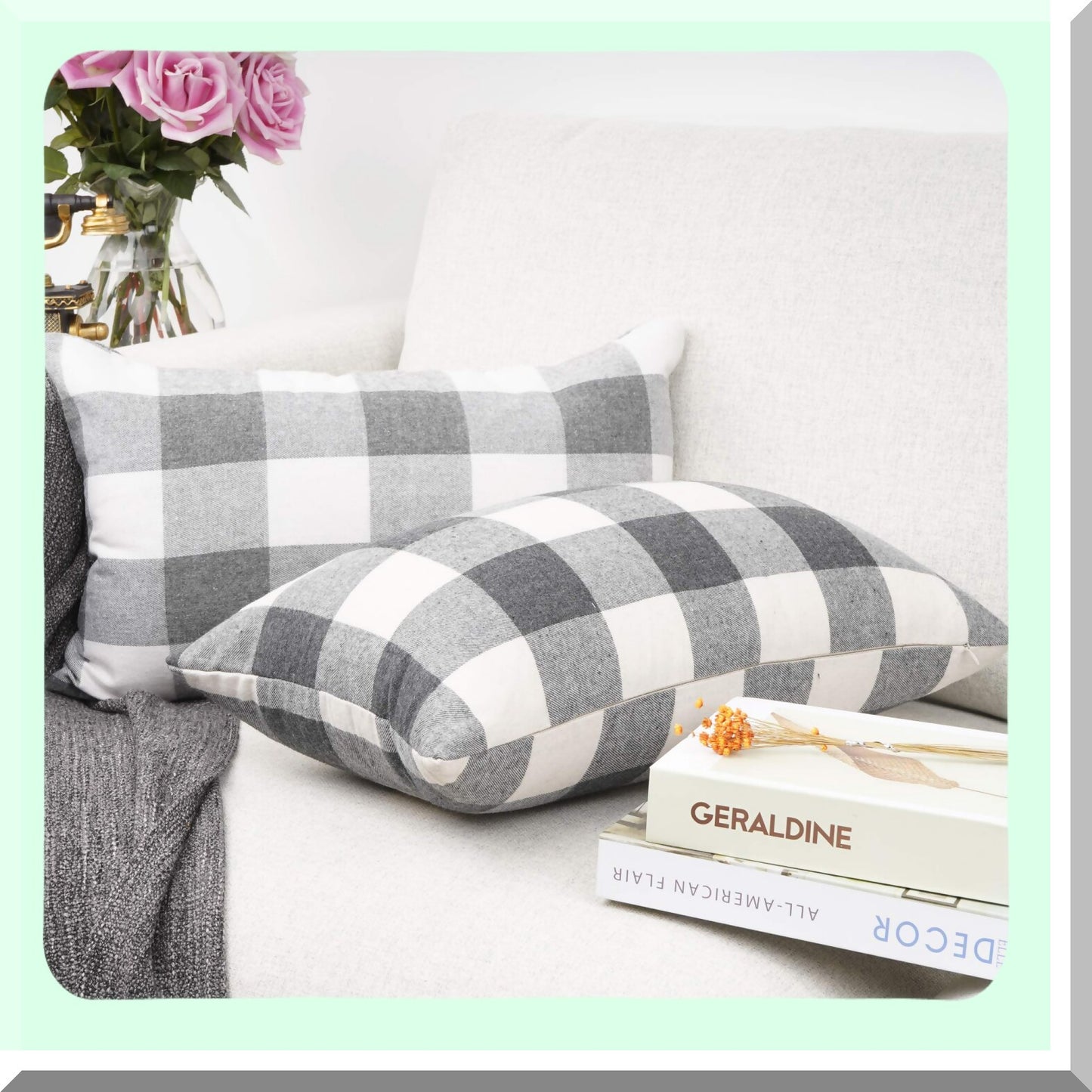 Retro Buffalo Plaid Farmhouse Linen Cushion Cover - Grey/White Checkers Tartan Decorative Throw Pillow Case for Sofa 12 x 20 Inch