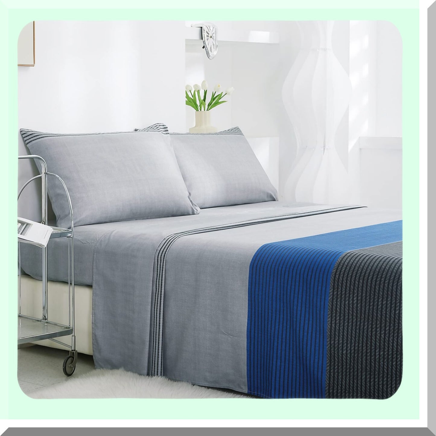 Blue StripeSoft Microfiber Bedding Set - Wrinkle Free 4 Piece Sheet Set with Deep Pocket - Includes Fitted Sheet, Flat Sheet, and Pillowcases