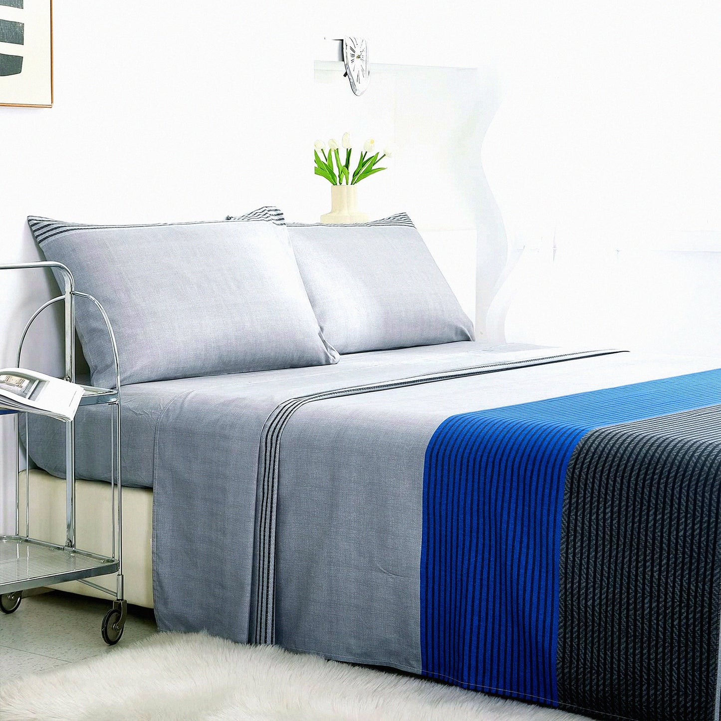 Blue StripeSoft Microfiber Bedding Set - Wrinkle Free 4 Piece Sheet Set with Deep Pocket - Includes Fitted Sheet, Flat Sheet, and Pillowcases