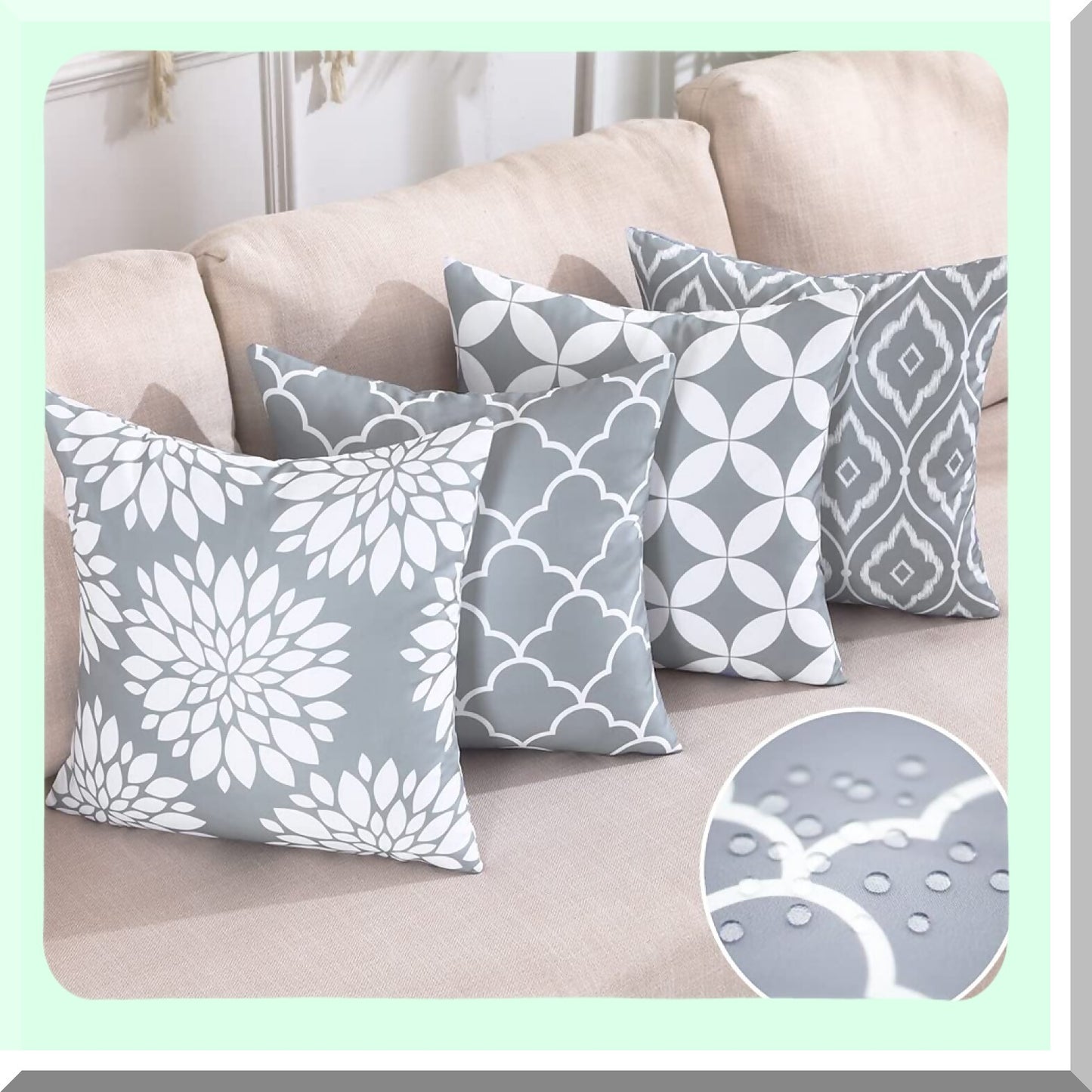 Neutral Elegance Decor Set - 18x18 Grey & White Outdoor Waterproof Pillow Covers for Living Room Sofa - 4 Pack of Light Grey Couch Pillows