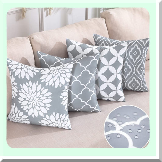 Neutral Elegance Decor Set - 18x18 Grey & White Outdoor Waterproof Pillow Covers for Living Room Sofa - 4 Pack of Light Grey Couch Pillows
