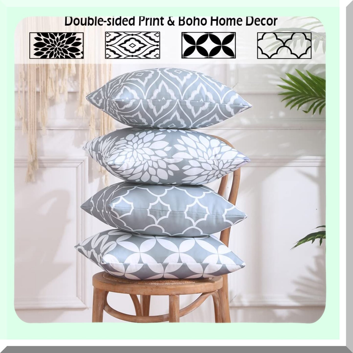 Neutral Elegance Decor Set - 18x18 Grey & White Outdoor Waterproof Pillow Covers for Living Room Sofa - 4 Pack of Light Grey Couch Pillows