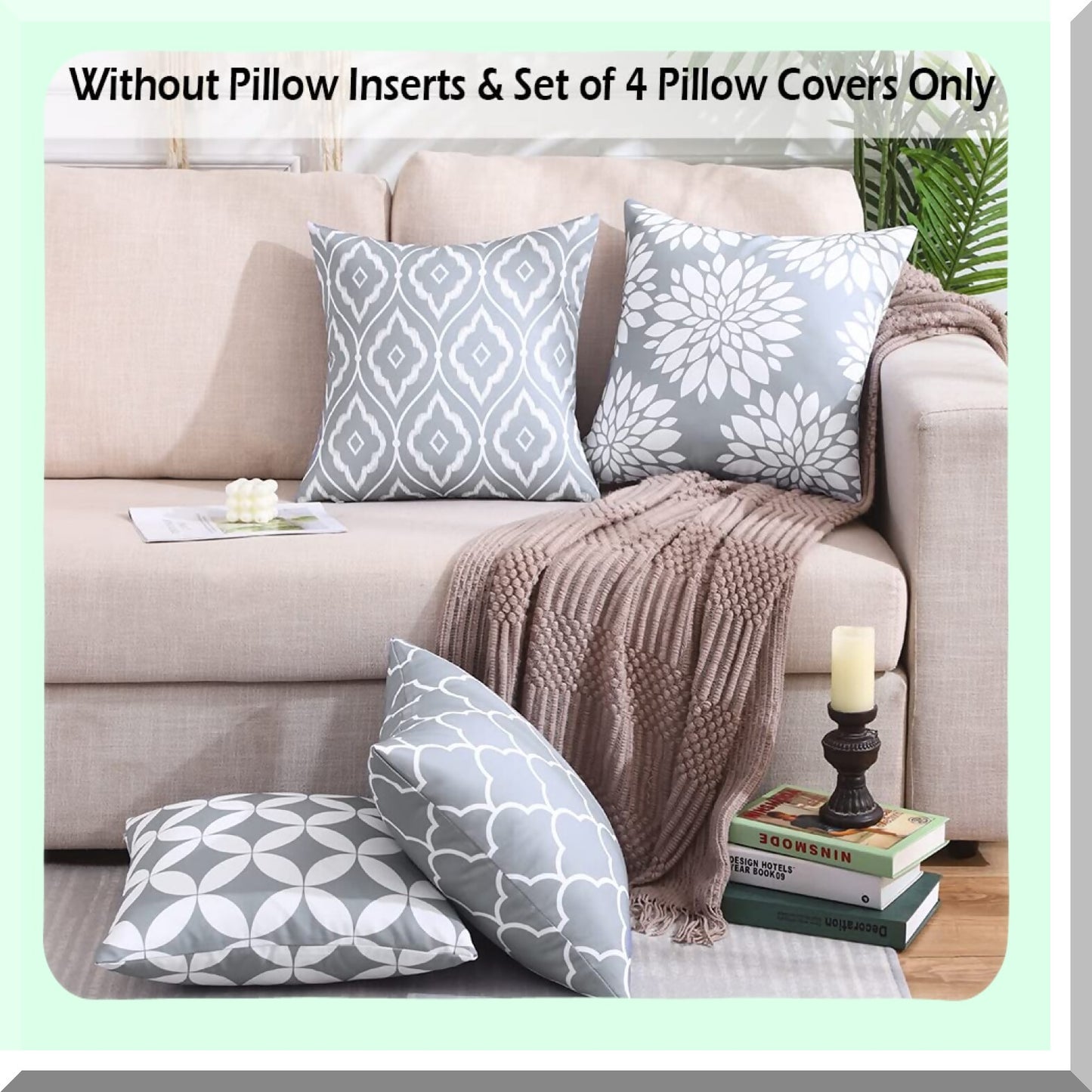 Neutral Elegance Decor Set - 18x18 Grey & White Outdoor Waterproof Pillow Covers for Living Room Sofa - 4 Pack of Light Grey Couch Pillows