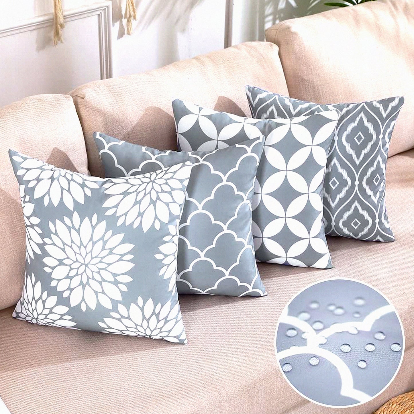 Neutral Elegance Decor Set - 18x18 Grey & White Outdoor Waterproof Pillow Covers for Living Room Sofa - 4 Pack of Light Grey Couch Pillows