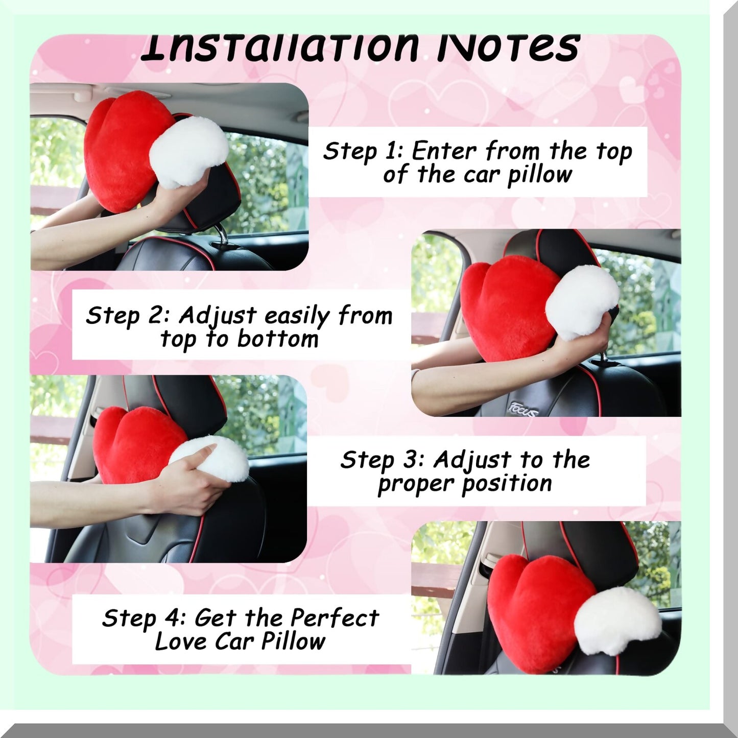 Angel Wing Heart Rest Pillow - 2 Pack Cute Car Headrest Cushion for Driving & Traveling - Soft Kawaii Neck Support - Pink Love Decor