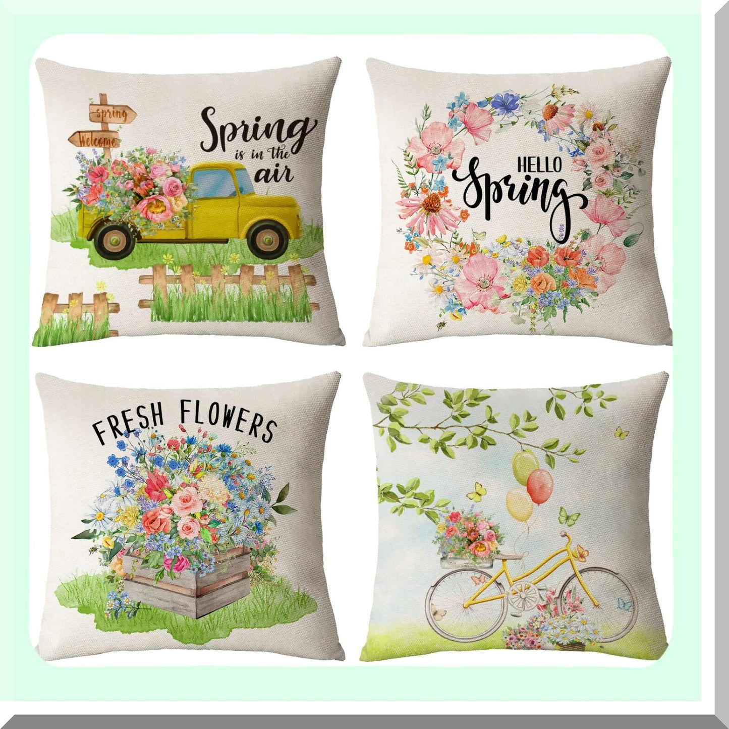 Floral Bliss Pillow Covers - Set of 4 Spring Summer Decorative Cushion Cases for Home Sofa Couch Outdoor Decor - 24x24 Flower Truck Bicycle
