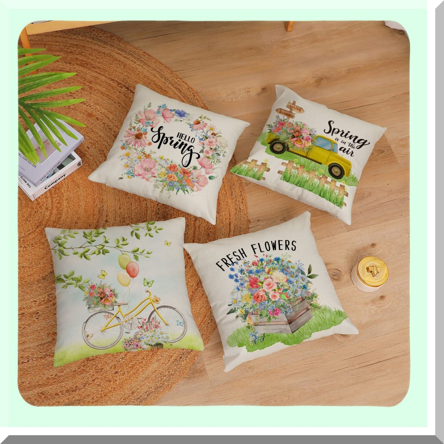 Floral Bliss Pillow Covers - Set of 4 Spring Summer Decorative Cushion Cases for Home Sofa Couch Outdoor Decor - 24x24 Flower Truck Bicycle