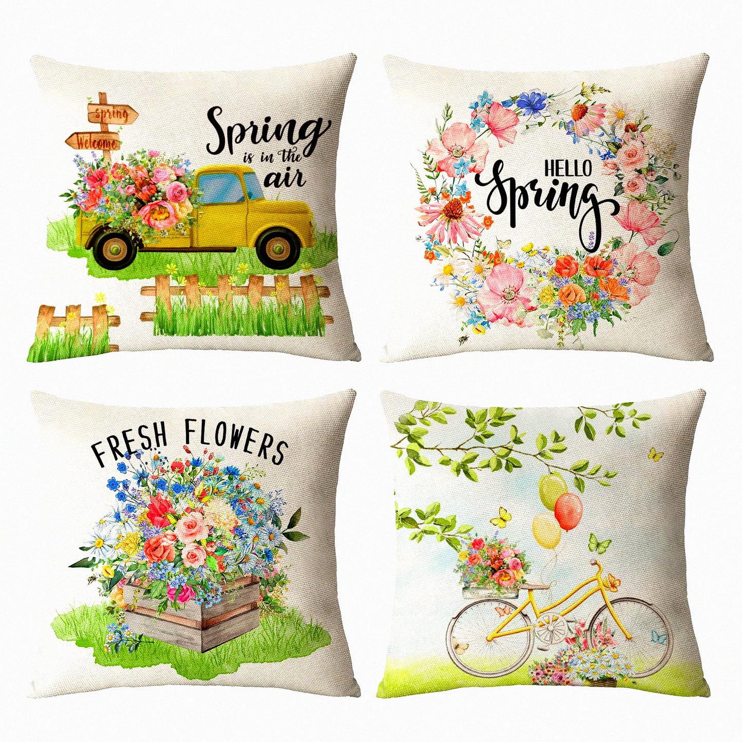 Floral Bliss Pillow Covers - Set of 4 Spring Summer Decorative Cushion Cases for Home Sofa Couch Outdoor Decor - 24x24 Flower Truck Bicycle