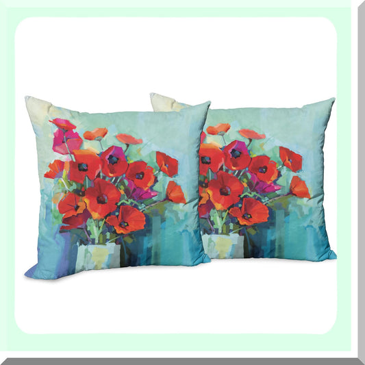 Poppy Bouquet Impressionist Throw Pillow Cover Set - Floral Painting Decorative Cushion Case Pack of 2, Double-Sided Zippered 16" Multicolor Digital Print