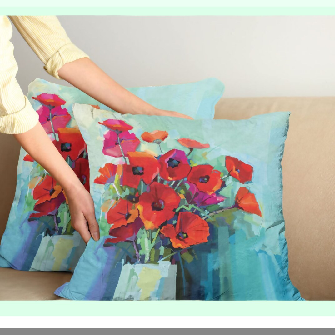Poppy Bouquet Impressionist Throw Pillow Cover Set - Floral Painting Decorative Cushion Case Pack of 2, Double-Sided Zippered 16" Multicolor Digital Print