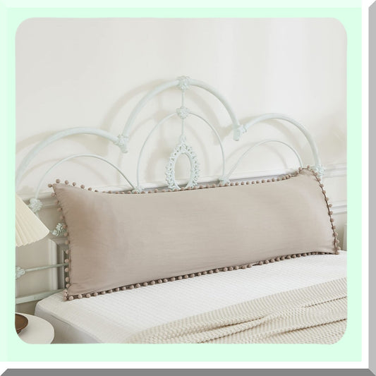 Boho Chic Fringe Pom Poms Taupe Body Pillow Cover 20x54 Light Khaki Case with Pocket Closure - Soft and Stylish Home Decor Accessory