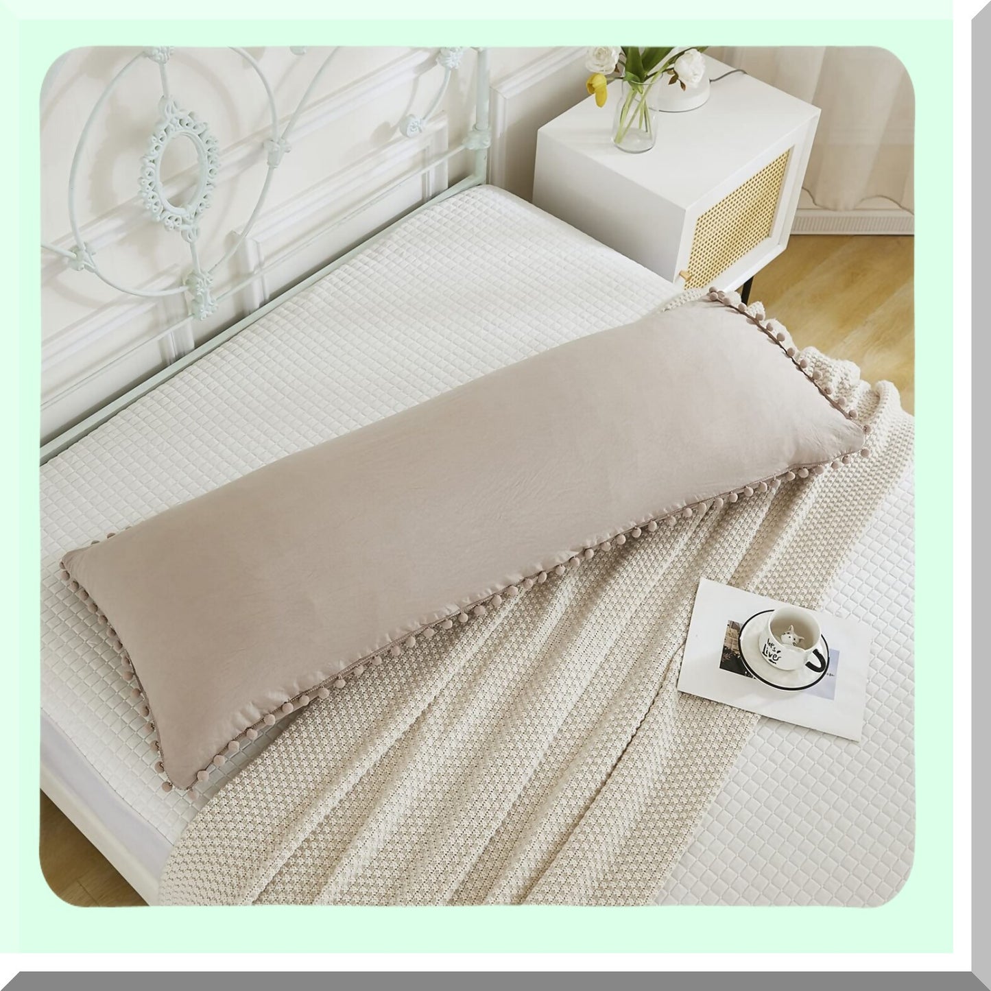 Boho Chic Fringe Pom Poms Taupe Body Pillow Cover 20x54 Light Khaki Case with Pocket Closure - Soft and Stylish Home Decor Accessory