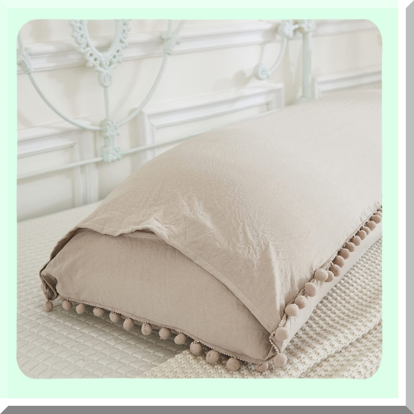 Boho Chic Fringe Pom Poms Taupe Body Pillow Cover 20x54 Light Khaki Case with Pocket Closure - Soft and Stylish Home Decor Accessory